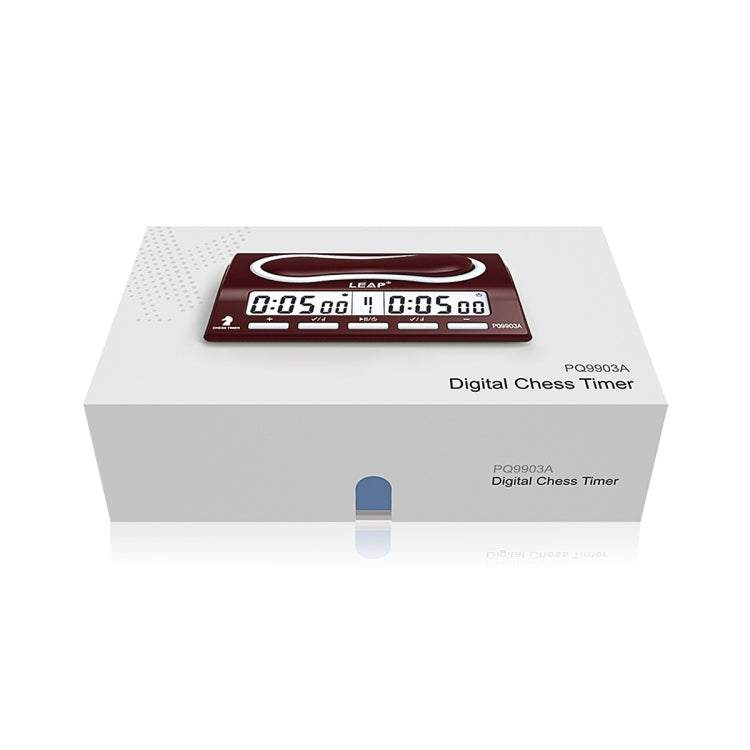 LEAP digital chess timer on retail box, dark display with curved top