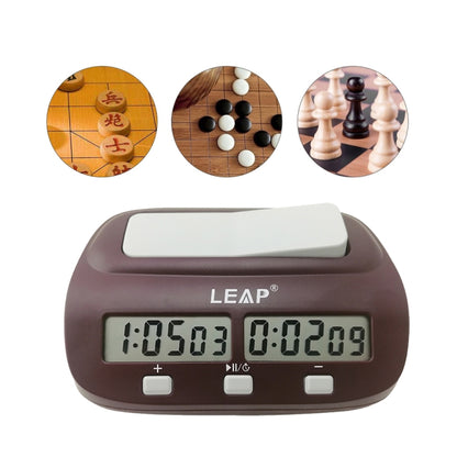 Electronic chess and Go timer with dual LCD displays, three buttons, and white top cover