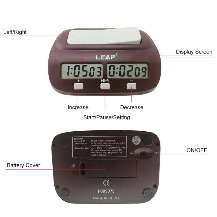 Chess and Go timer showing button controls, display screen, and battery cover underside