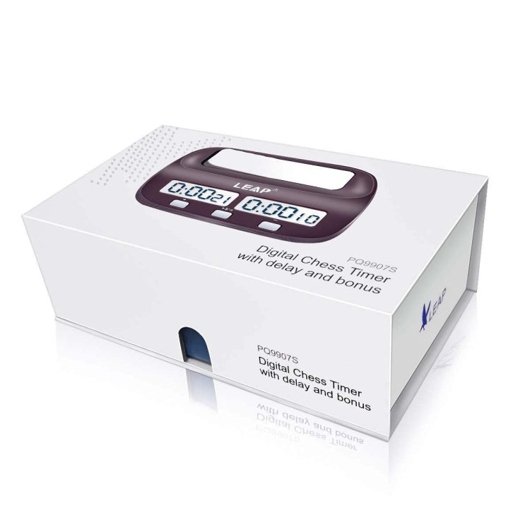 Digital chess timer retail box with dual display windows and white top cover