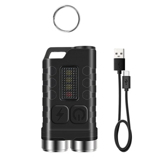 Black mini keychain flashlight with metal base and USB charging cable