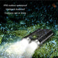 Black mini keychain flashlight shining a bright beam outdoors