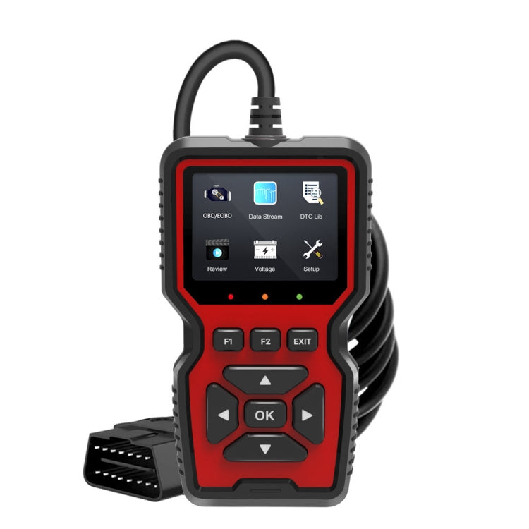 Handheld OBD2 car fault detector with red-and-black body and color touchscreen