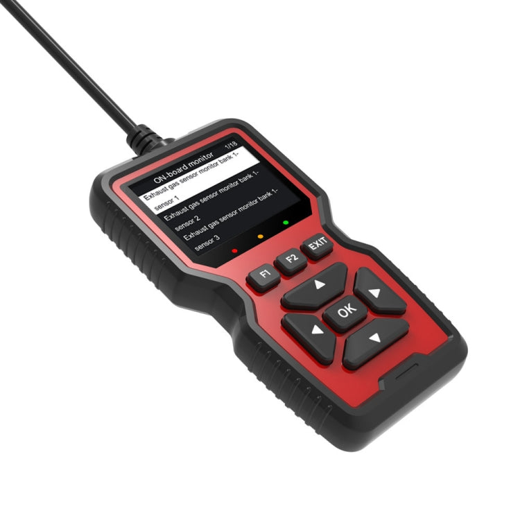 OBD2 fault detector scanner with angled grip, red control panel, and keypad