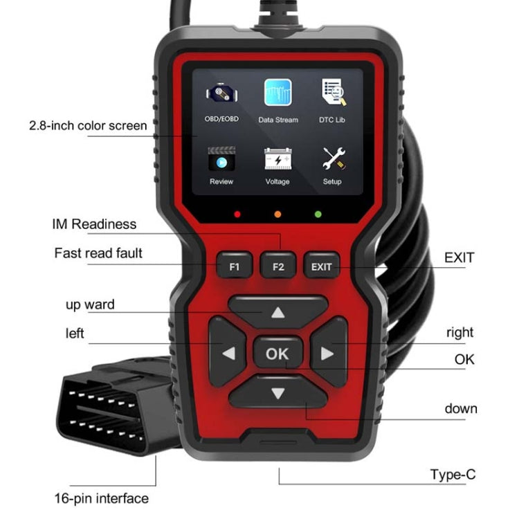 Red and black OBD2 scanner with 2.8-inch color screen, D-pad, and OK button