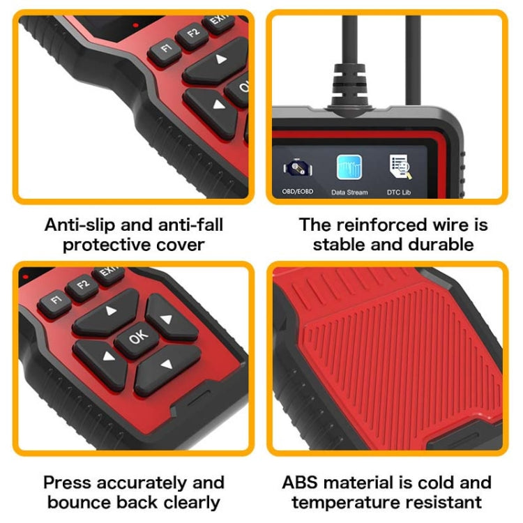 Red OBD2 scanner with anti-slip keypad and reinforced cable cover