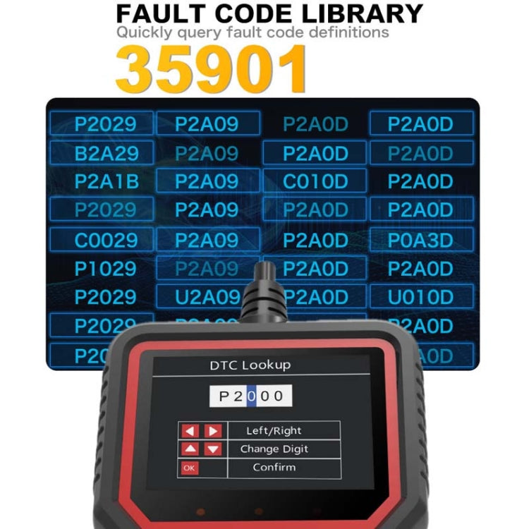 OBD2 scanner screen showing DTC lookup menu and fault code library