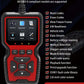 OBD2 scanner with supported features list on screen and red function keys