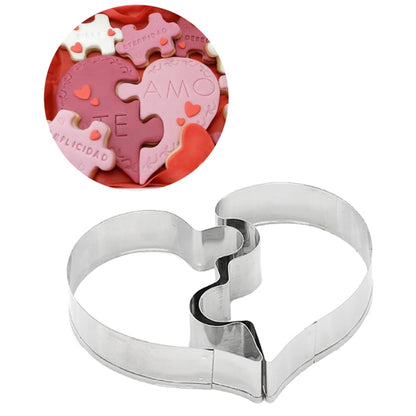 Heart-shaped metal puzzle biscuit mold with left and right heart halves