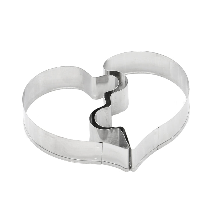 Heart-shaped metal puzzle cookie mold set with two interlocking halves