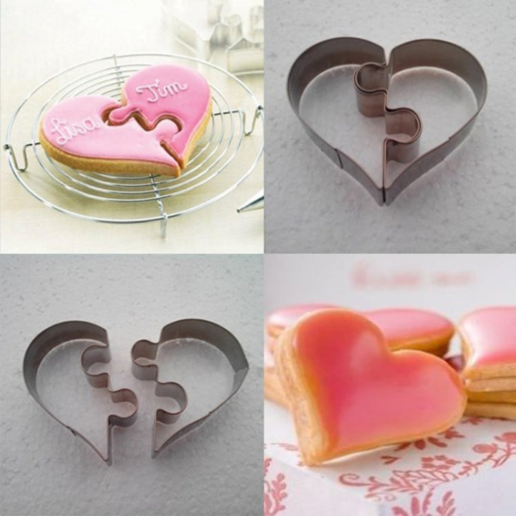 Heart-shaped metal puzzle mold and matching heart biscuit pieces