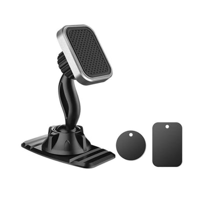 Gray magnetic car phone holder with textured pad and adjustable dashboard base
