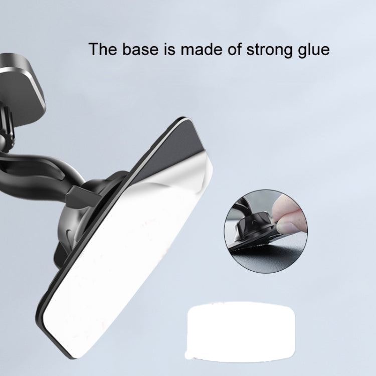 Magnetic car phone holder with adhesive-style base pad and angled mount arm