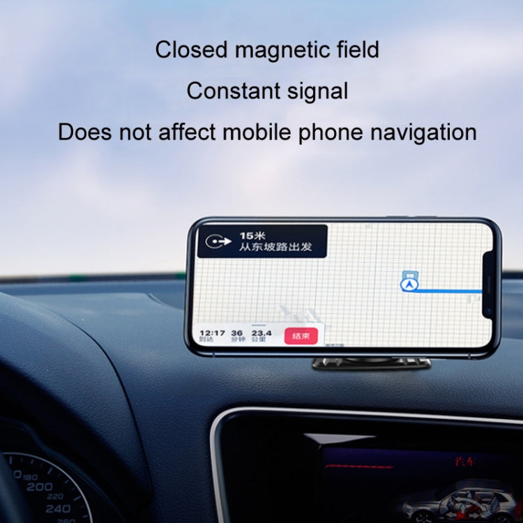 Car dashboard magnetic phone holder securing a phone at the center