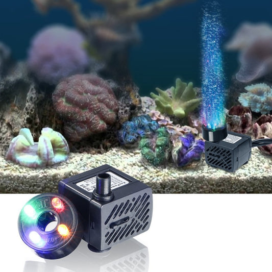 Submersible aquarium pump with multi-color LED light, black housing and outlet tube