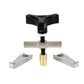 Automotive glass puller tool with three silver jaw clamps, black T-handle, brass bushing