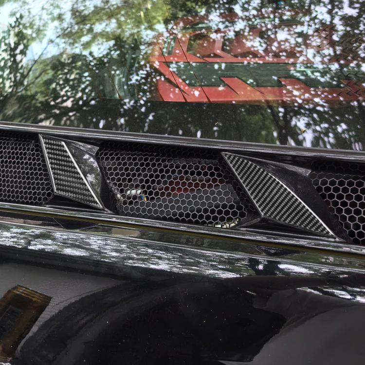 Carbon fiber-pattern air vent trim stickers over grille openings, textured leaf inlays