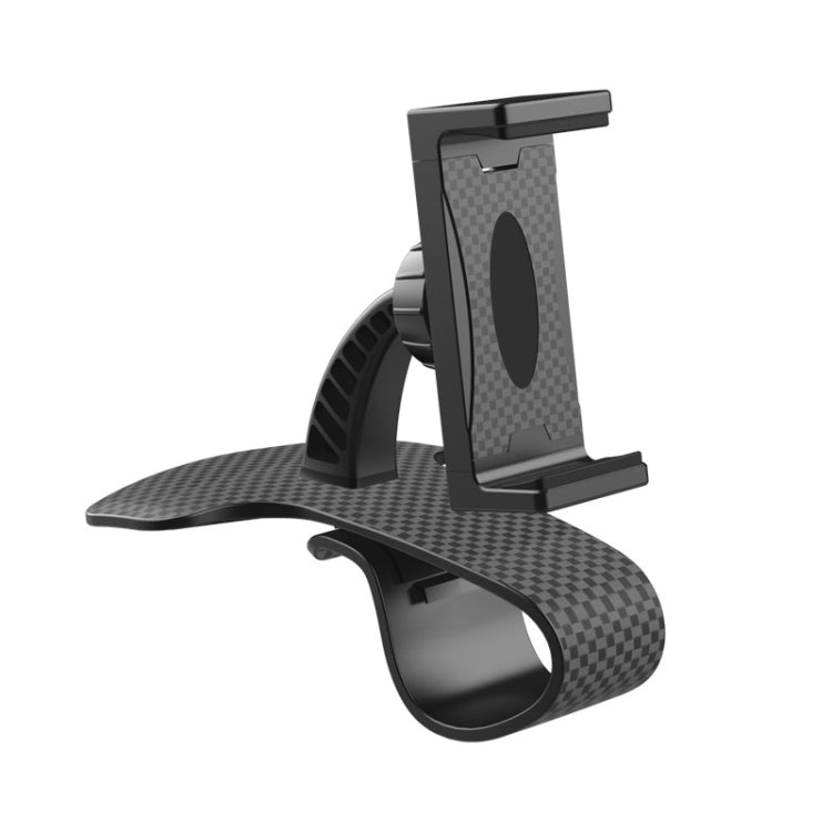 Black snap-on car phone holder with textured base and vertical clamp for dashboard