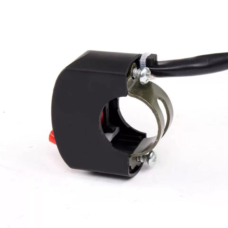 Black motorcycle warning light switch clamp with ring mount and attached wiring