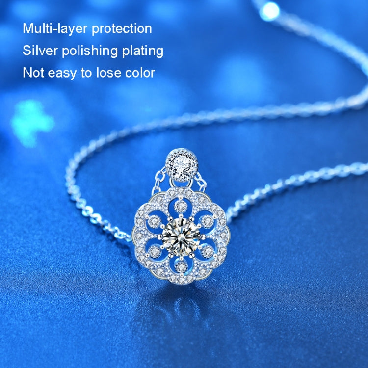 Silver moissanite-style flower pendant necklace with detailed round center stone
