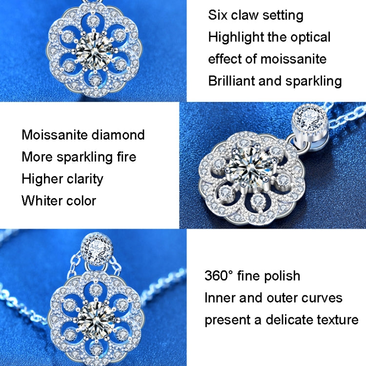Silver moissanite-style flower pendant necklace with ornate prong-set halo