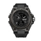 Black sport wristwatch with rugged bezel, dual analog-digital displays, and crown