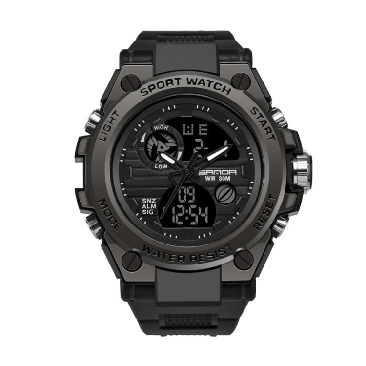 Black sport wristwatch with rugged bezel, dual analog-digital displays, and crown