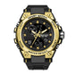 Gold-tone sport wristwatch with black dial, dual displays, and textured strap