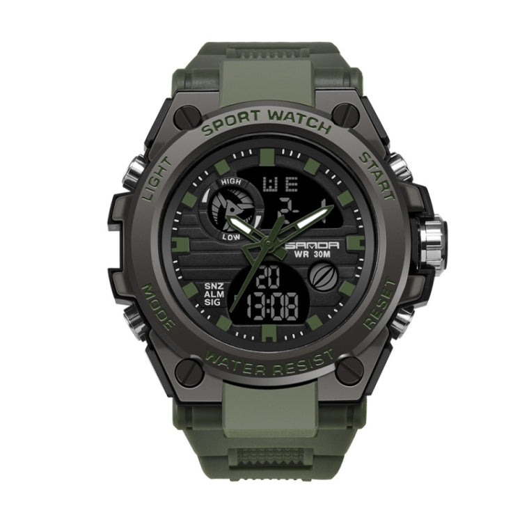 Army green sport wristwatch with black dial, dual displays, and textured strap