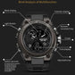 Sport wristwatch front view with analog hands, digital numerals, crown and buttons