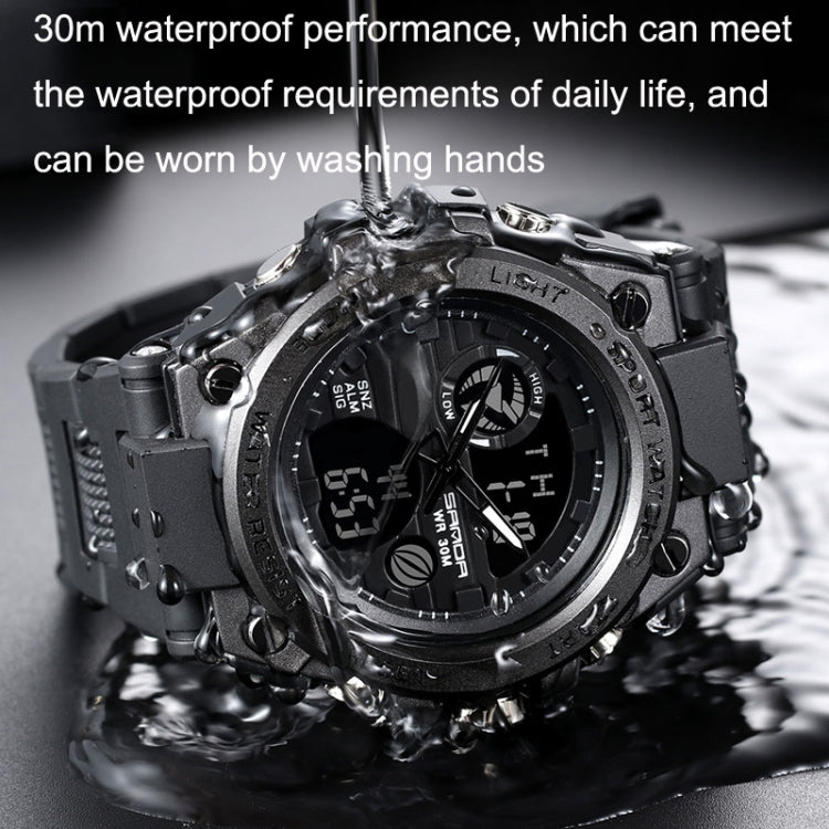 Black sport wristwatch with water droplets near the case and strap