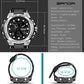 Waterproof sports watch dimensions diagram, black case and blue-accented dial