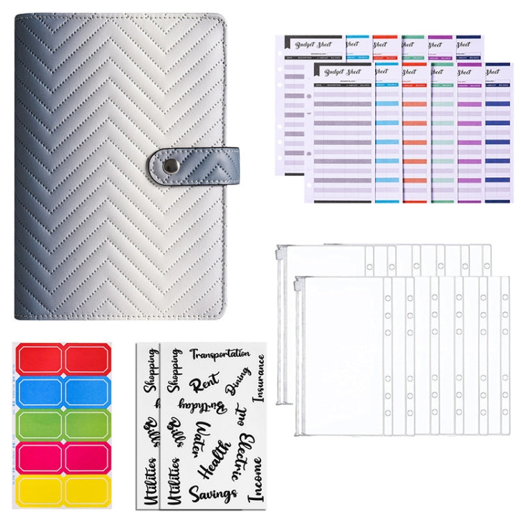 Chevron-pattern PU notebook cover with snap strap, gray-blue gradient