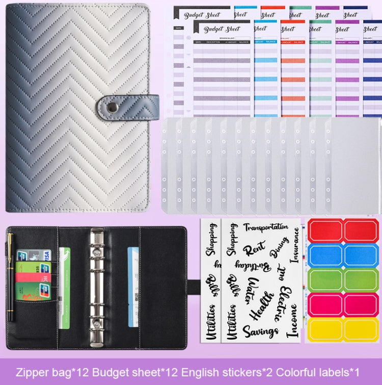 Chevron-pattern PU notebook with binder rings and snap tab closure, gray-blue