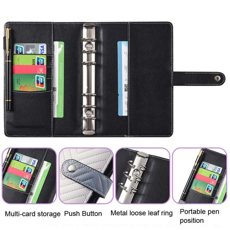 Black PU budget notebook with 3-ring binder and card slots, snap strap