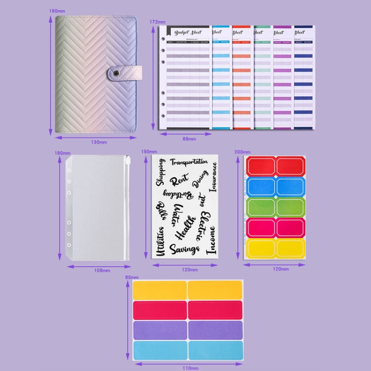 Chevron notebook layout diagram with budget sheets and colorful label stickers