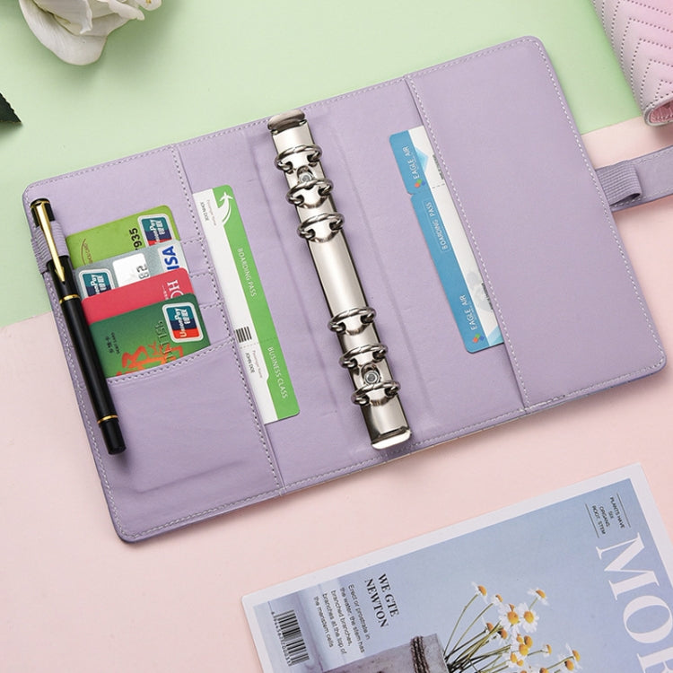 Lavender PU notebook with ring binder, snap strap, and inner card pockets