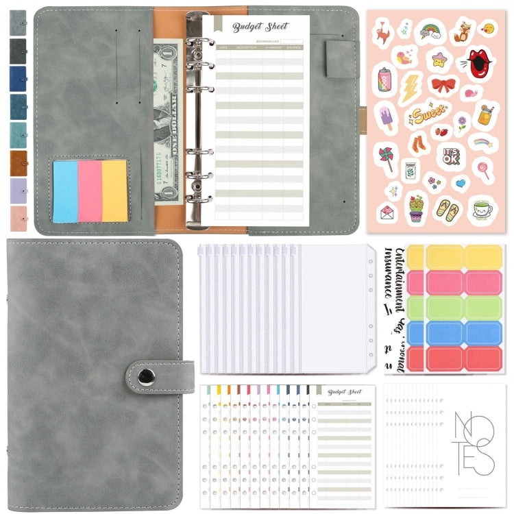 A6 loose-leaf cash budget binder notebook, light gray PU leather cover with rings