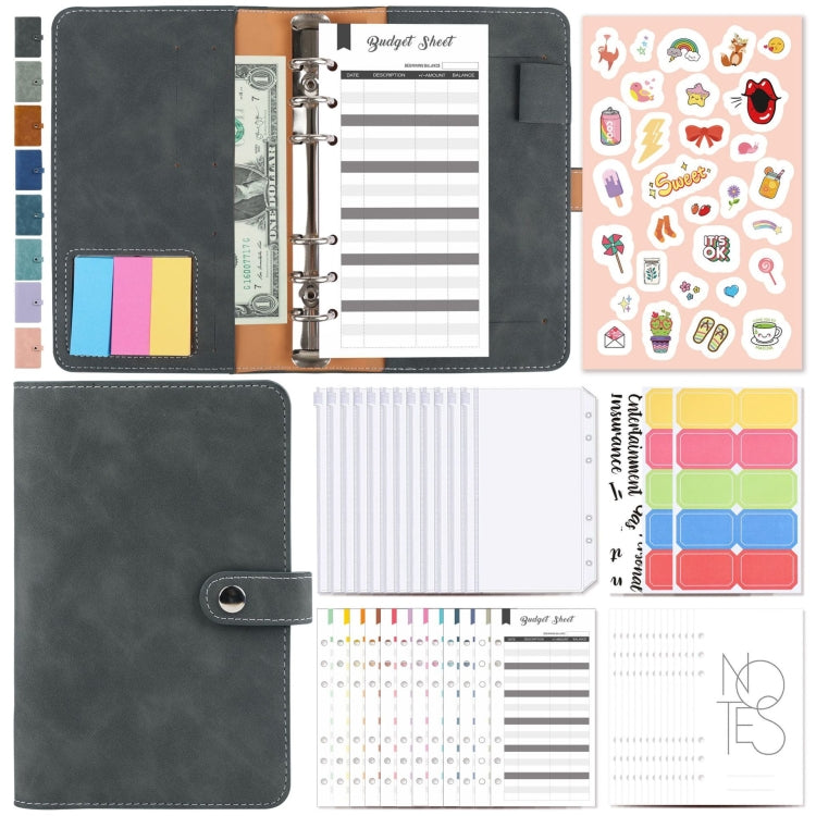 A6 loose-leaf cash budget binder notebook, dark gray PU leather cover with rings