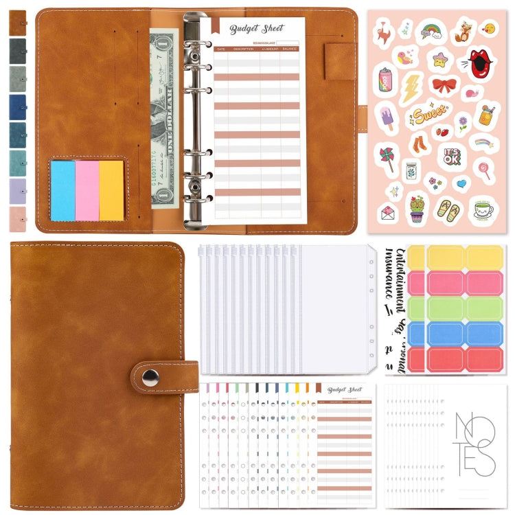 A6 loose-leaf cash budget binder notebook, amber brown PU leather cover with rings