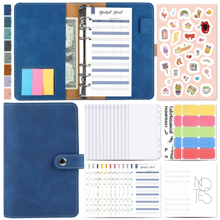 A6 loose-leaf cash budget binder notebook, treasure blue PU leather cover with rings