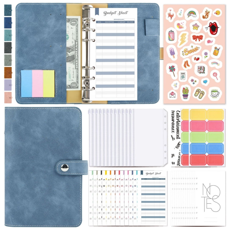 A6 loose-leaf cash budget binder notebook, denim blue PU leather cover with rings