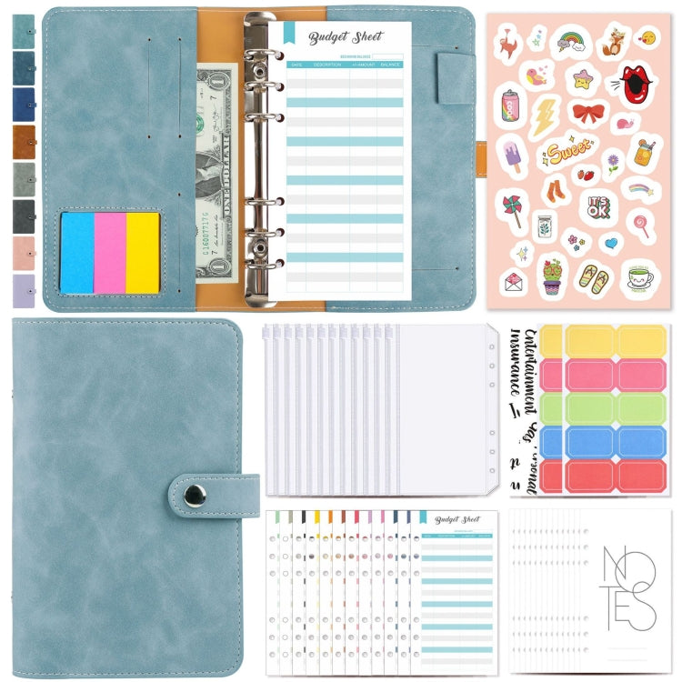 A6 loose-leaf cash budget binder notebook, light blue-gray PU leather cover with rings