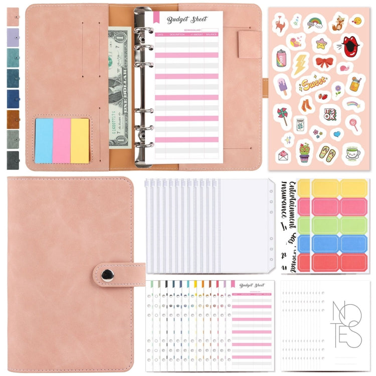A6 loose-leaf cash budget binder notebook, pink PU leather cover with rings