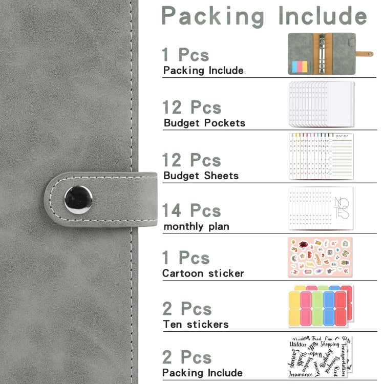 Gray PU leather A6 binder cover detail with snap button and stitched edge