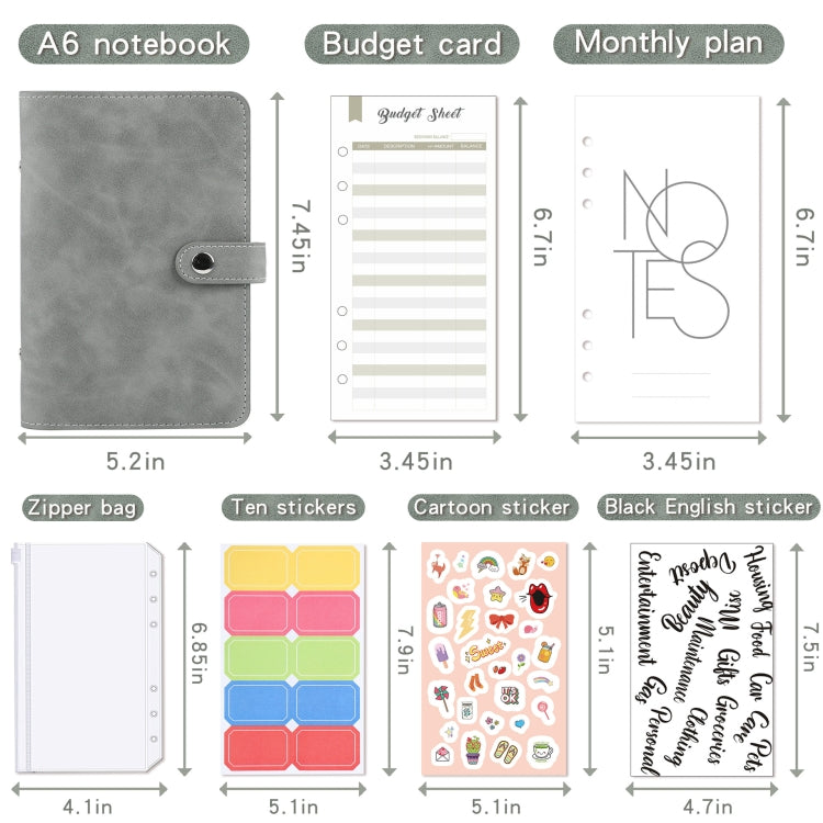 Gray A6 cash budget binder notebook with rings, budget card, and monthly plan pages