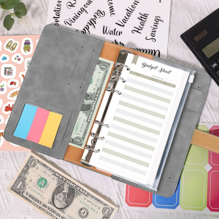 Grey PU leather cash budget binder open with clear window pocket and budget pages