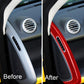 Door storage vent sticker installation view: gray trim before, red carbon-fiber trim after