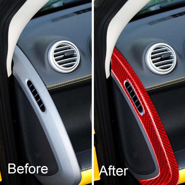 Door storage vent sticker installation view: gray trim before, red carbon-fiber trim after