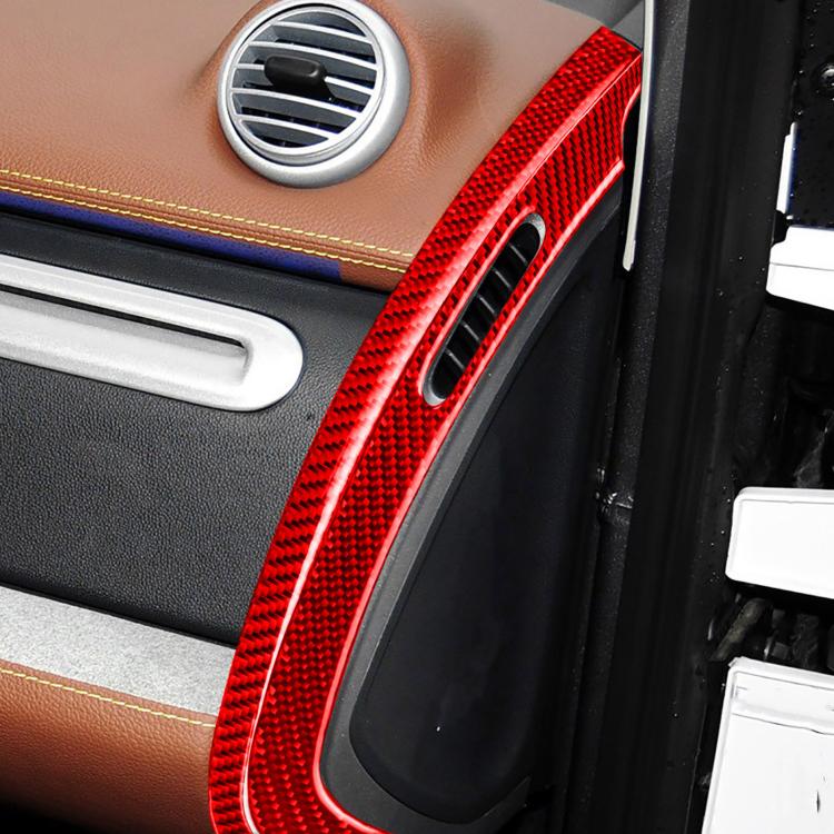 Red carbon-fiber style door vent sticker strip with oval cutout on Smart Fortwo door